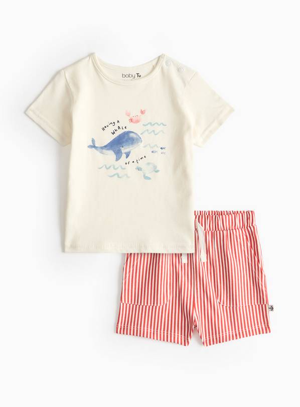Whale Print T-Shirt & Red Striped Shorts Up to 3 mths